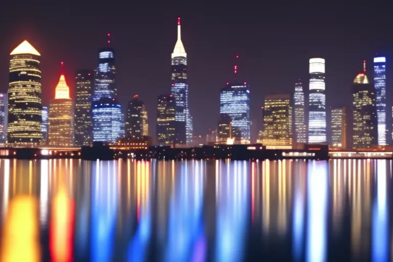 A photo of a city's skyline with several tall buildings and skyscrapers, all illuminated in different colors against a dark blue sky. The lights from the buildings reflect on the calm waters of a river, creating a beautiful, serene scene.