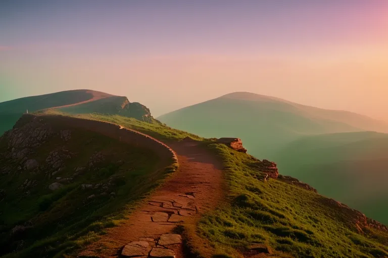 A misty mountain landscape with a winding road leading to an ancient stone structure perched at the top of a hill. The sky is a gradient of soft pastel colors.