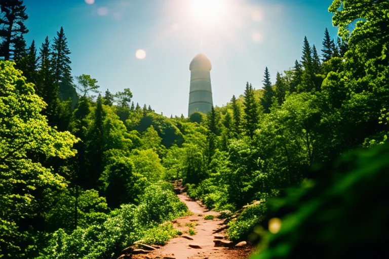 A winding trail leads through a lush forest, speckled with sunlight filtering through the leaves. In the distance, a towering structure stands atop a hill, beckoning adventurers forward.