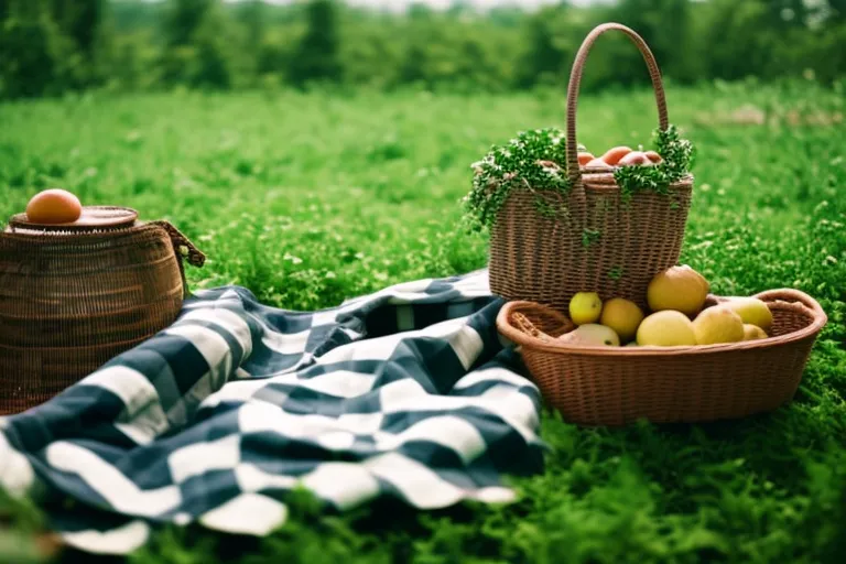 A lush green landscape with a checkered blanket in the foreground, a wicker basket filled with fresh fruit beside it, and a pair of sunglasses resting on the edge.