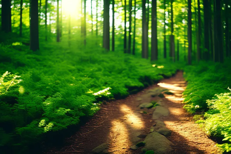 A lush green landscape stretches out before you, with a winding trail leading deeper into the wilderness. Sunlight filters through the trees, casting dappled shadows on the forest floor.