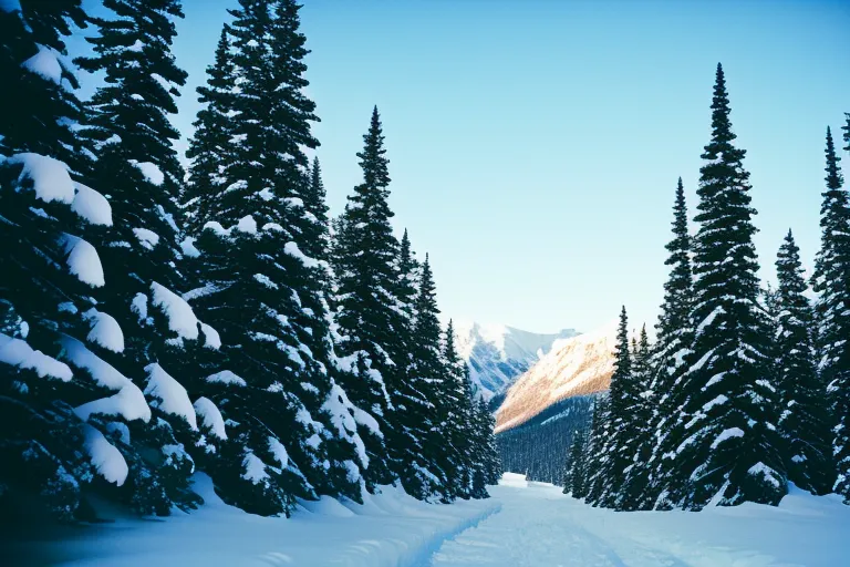 A snowy mountain range with a single ski trail leading down the middle, surrounded by tall trees and a glittering blue sky in the background.