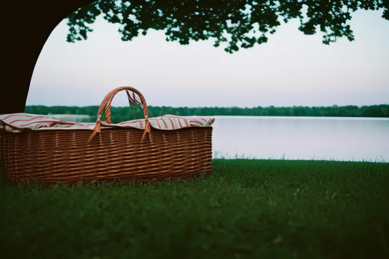 A serene nature scene with a picnic basket and blanket in the foreground, surrounded by trees, flowers, and a calm body of water in the background.