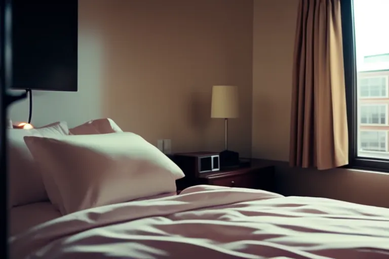 A cozy hotel room with warm lighting and a plush bed, overlooking a picturesque view of colorful rooftops and winding cobblestone streets.