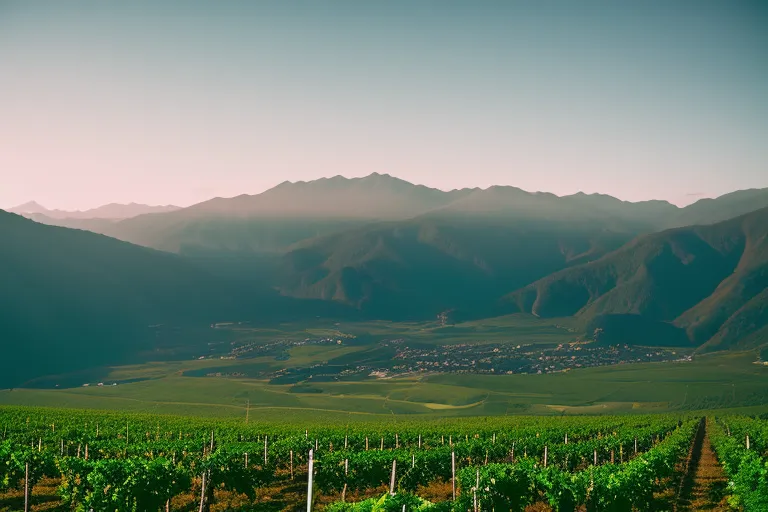 A misty mountain range overlooks a quaint village nestled among rolling hills. The vibrant colors of local produce and wine punctuate the scene.