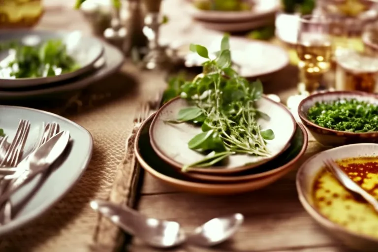 A rustic table setting with colorful plates, glasses, and cutlery, surrounded by an abundance of fresh herbs and spices.
