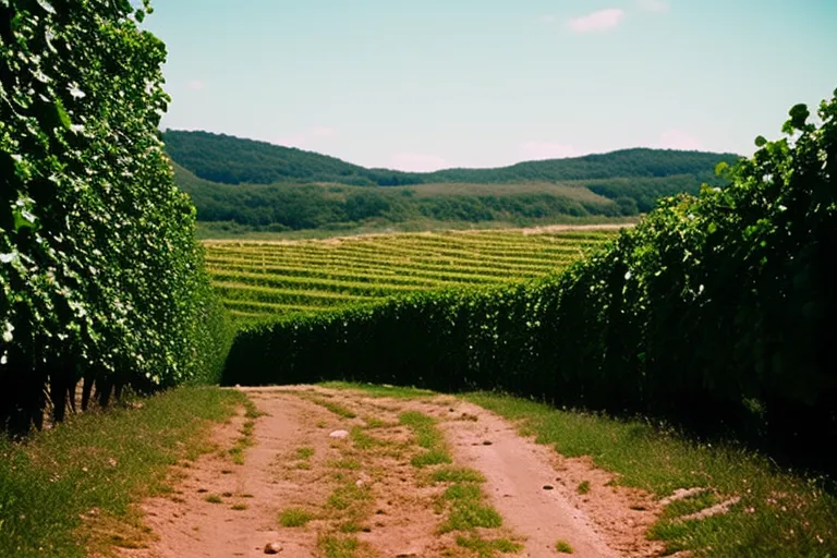 A picturesque landscape awaits with rolling hills, rows of lush grapevines, and a historic stone structure in the distance.