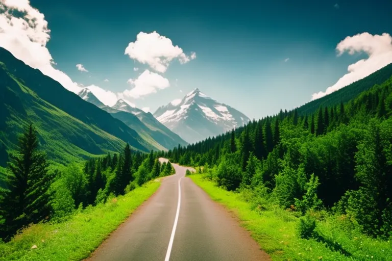 A mountain landscape with mist rising from the valley below. A winding road leads towards a towering peak in the distance, surrounded by vibrant green trees.