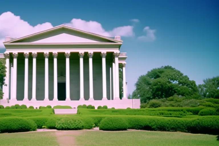 A neoclassical building with exhibits inside. Outside, a landscape of rolling hills and green foliage.