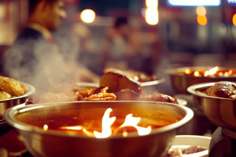 A bustling street scene with colorful food stalls lining the street, featuring steaming bowls of soup, sizzling skewers of meat, and freshly baked bread.