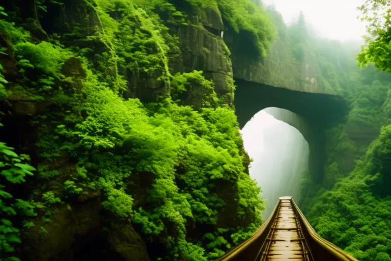 A bridge spans across a wide, deep chasm. The bottom of the chasm is obscured by mist. The bridge is surrounded by lush greenery and towering trees.