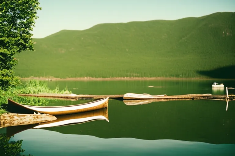 A serene lake surrounded by lush greenery, with a canoe docked on the shore and camping equipment scattered nearby.