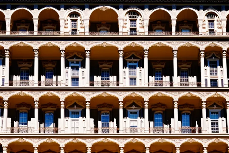 A symmetrical building with ornate carvings and elaborate balconies stands against a clear blue sky, showcasing the elegance and intricacy of Georgian architecture.