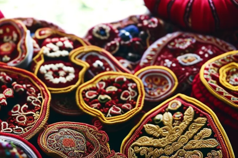 A colorful display of traditional Georgian art and culture, featuring intricate textiles, ornate religious icons, and delicious local cuisine.