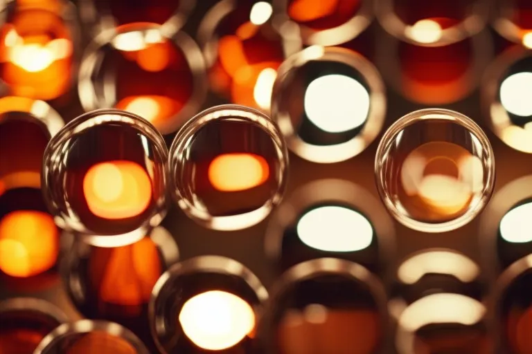 A colorful and vibrant photo of various types of beer and wine glasses arranged in a circular pattern on a wooden table, with a blurred background of similar glasses and bottles.
