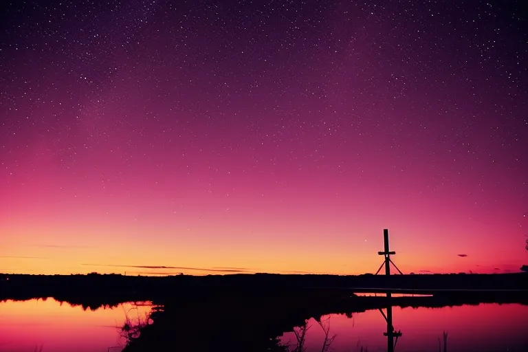 A serene landscape with a colorful sky, featuring a single unique structure that stands out from the surroundings.