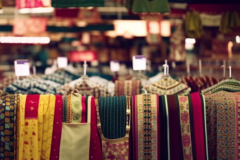 A colorful market scene in a bustling city, showcasing a variety of unique textiles and fabrics.