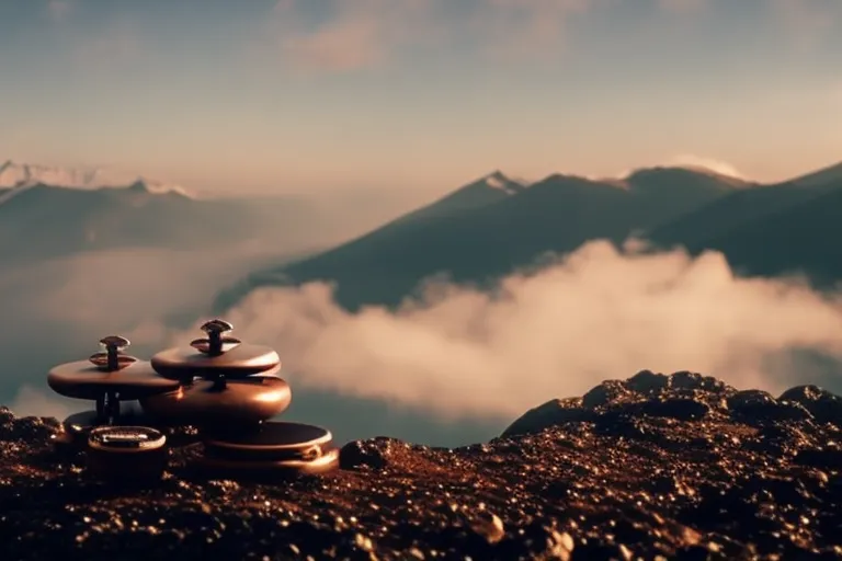 A misty mountain landscape with traditional Georgian instruments scattered throughout.