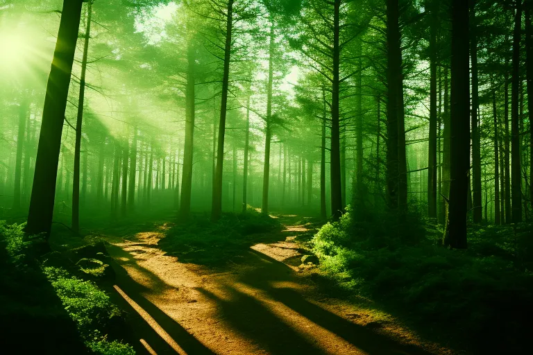 A mystical forest with towering trees and a hidden path leading deeper into the unknown.