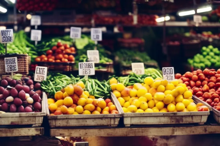 A colorful market stall overflowing with fresh fruits and vegetables, showcasing the bounty of a local harvest.