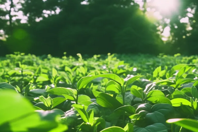 A lush green field filled with various plants and herbs, with the sun shining brightly in the background.