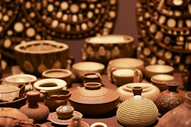 A museum exhibit showcasing a collection of traditional artifacts, including textiles, pottery, and tools, arranged in a circular pattern with a warm, earthy color scheme.
