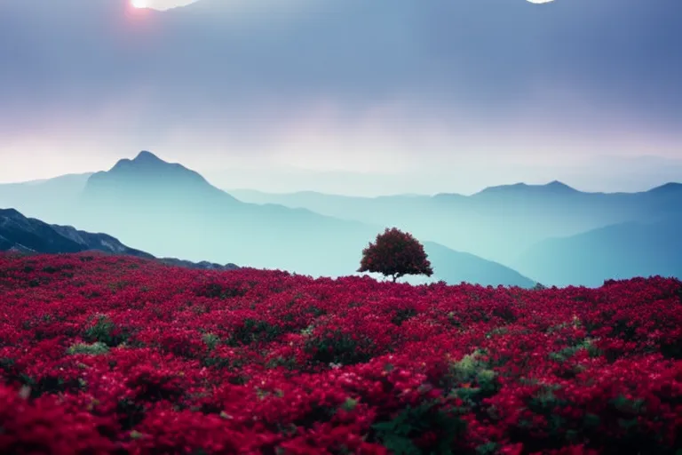 A misty mountain landscape with a single tree in the foreground, surrounded by colorful foliage.