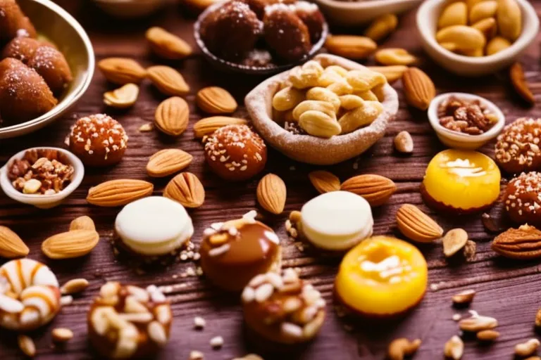 A colorful display of Georgian sweets and desserts arranged on a rustic wooden table, with honey and nuts sprinkled on top.