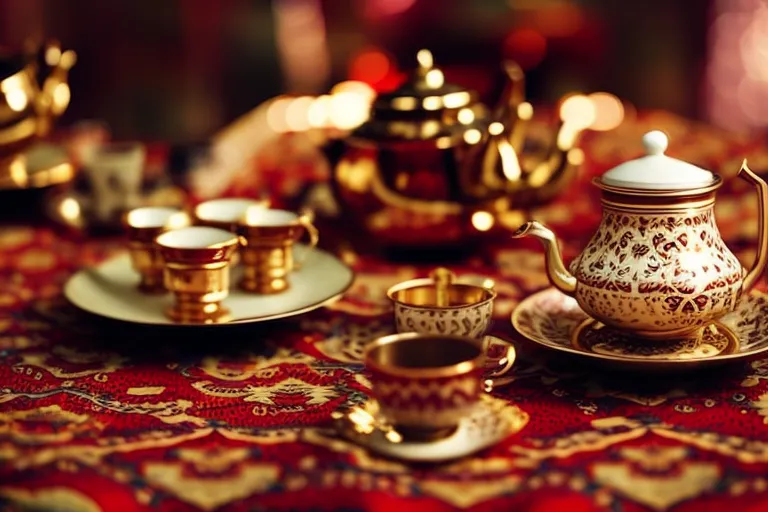 A tea set with a samovar and small cups arranged on a colorful patterned tablecloth, with a few loose tea leaves scattered around.