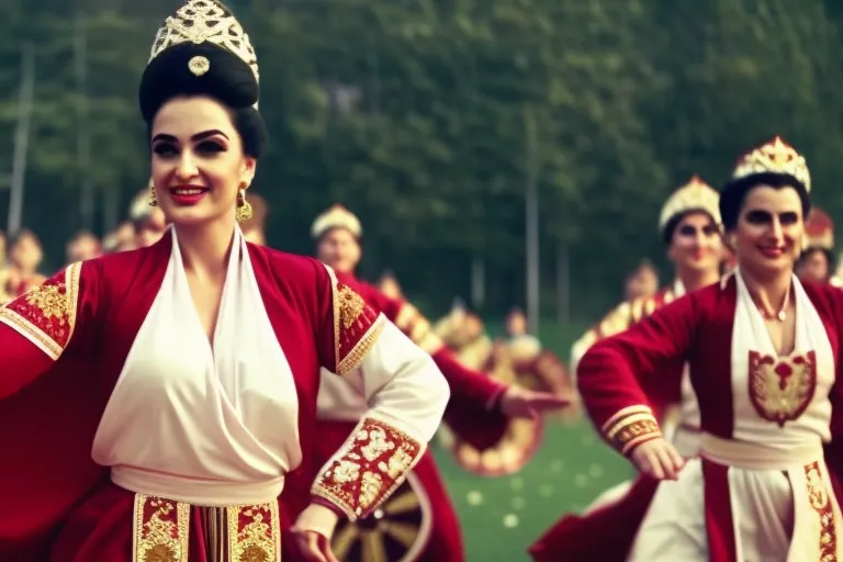 A vibrant and colorful scene showcasing the unique blend of cultural influences in Georgian traditional music and dance.