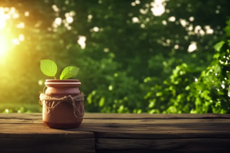 A clay jar filled with deep red liquid sits on a rustic wooden table surrounded by green vines and leaves. The sunlight casts a warm glow over the scene.