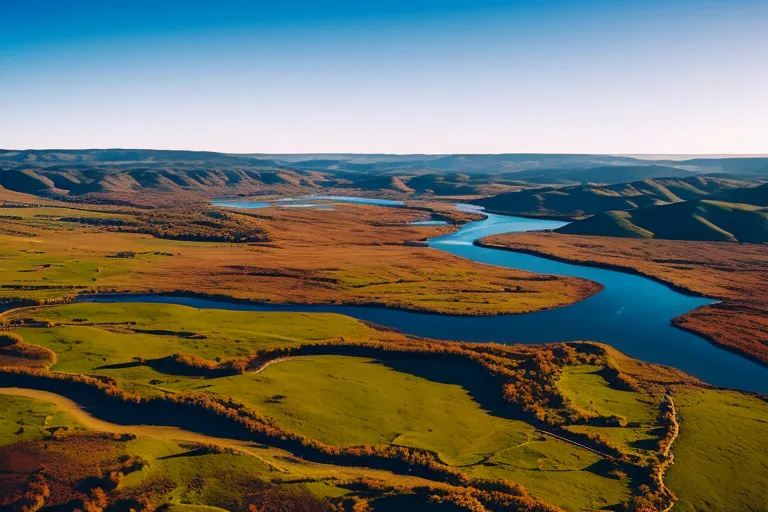 A bird's eye view of a colorful landscape with rolling hills, a winding river, and a bright blue sky.