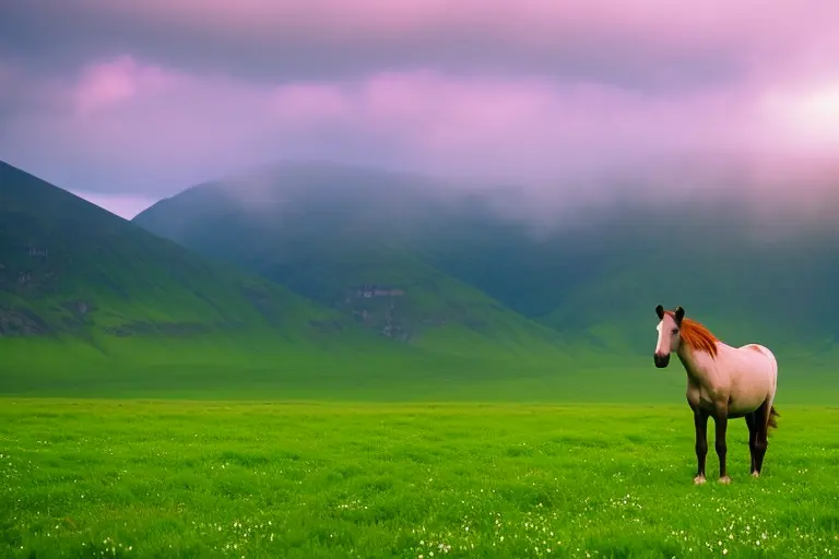 A lone horse stands in an expansive field of vibrant green grass, surrounded by rolling hills and distant mountains shrouded in mist.