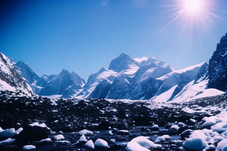 A snowy landscape with a sparkling blue waterfall in the background, surrounded by jagged icy peaks.