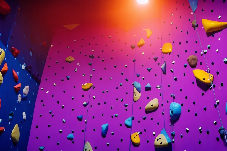 A photo of a colorful indoor climbing wall, with various hand and footholds in different shapes and sizes, against a gradient background of blue and purple hues.