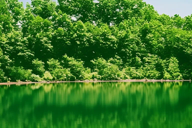 A serene lake surrounded by lush green trees and a clear blue sky.