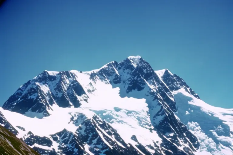 A breathtaking view of a snow-covered mountain peak, with a clear blue sky and a hint of greenery at the base.