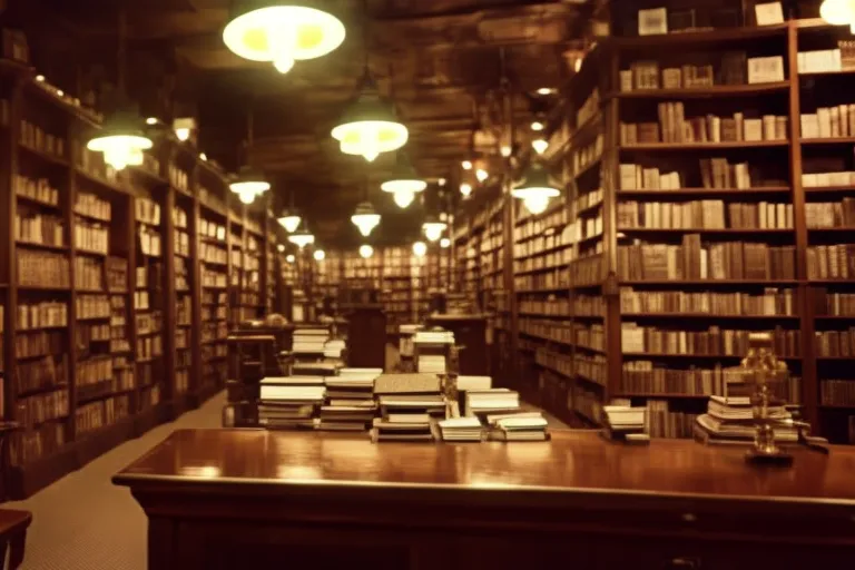 A photo of an old-fashioned bookstore with dim lighting, antique furniture, and shelves filled with books of different shapes and sizes.