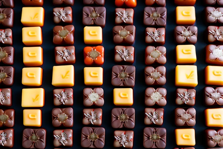 A photo of a colorful display of artisanal chocolates arranged in geometric patterns on a dark slate background.