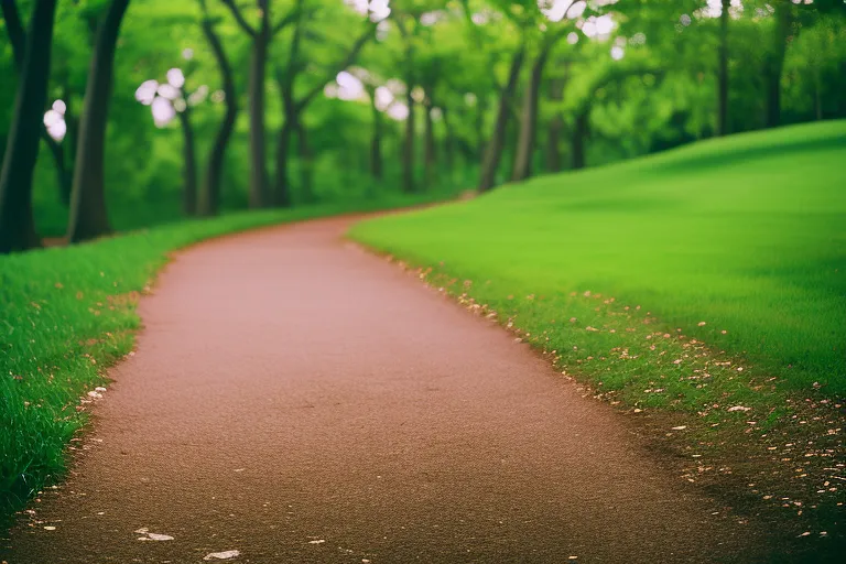 A serene park setting with lush greenery and a winding path leading through the trees.