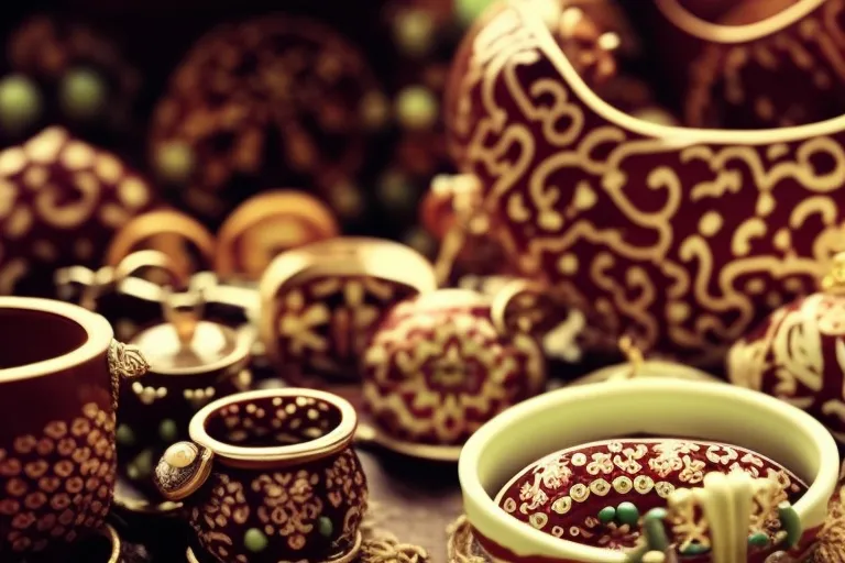 A colorful array of handmade items fills the frame - from delicate jewelry to intricately patterned ceramics, each piece offering a unique glimpse into the rich culture and traditions of a far-off land.