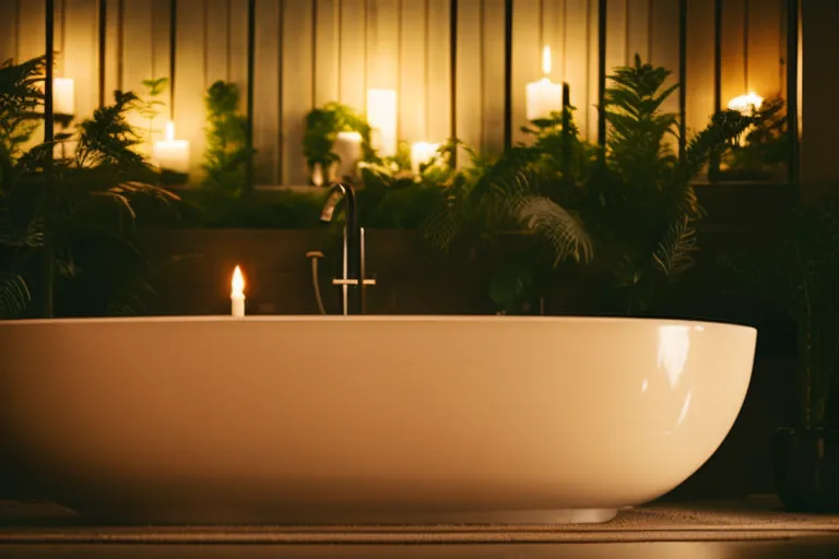 A serene and peaceful photo of a dimly lit room with soft lighting and a large, luxurious-looking bathtub in the center, surrounded by plants and candles.