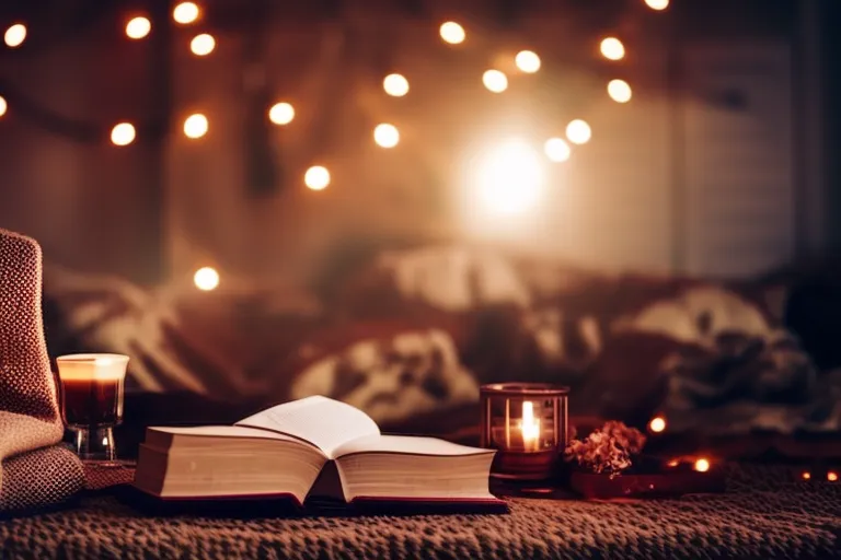 A cozy and romantic reading nook with a warm cup of coffee and a stack of books, surrounded by soft blankets and twinkling lights.