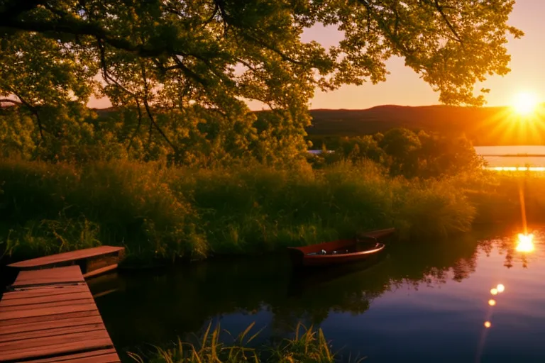 A tranquil garden path lined with vibrant flora and fauna leads to a picturesque lake with a small dock and rowboat. The sun sets behind a distant city skyline, casting a warm glow over the scene.