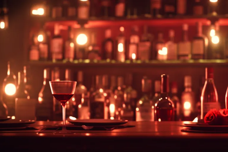 A dimly lit bar with shelves of wine bottles lining the walls. Soft candlelight illuminates a small table set for two, with red roses and a flickering flame.