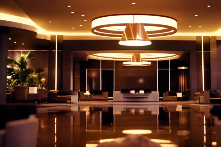 A sleek and modern hotel lobby with a striking geometric design, featuring a blend of warm and cool tones, natural materials, and ambient lighting.