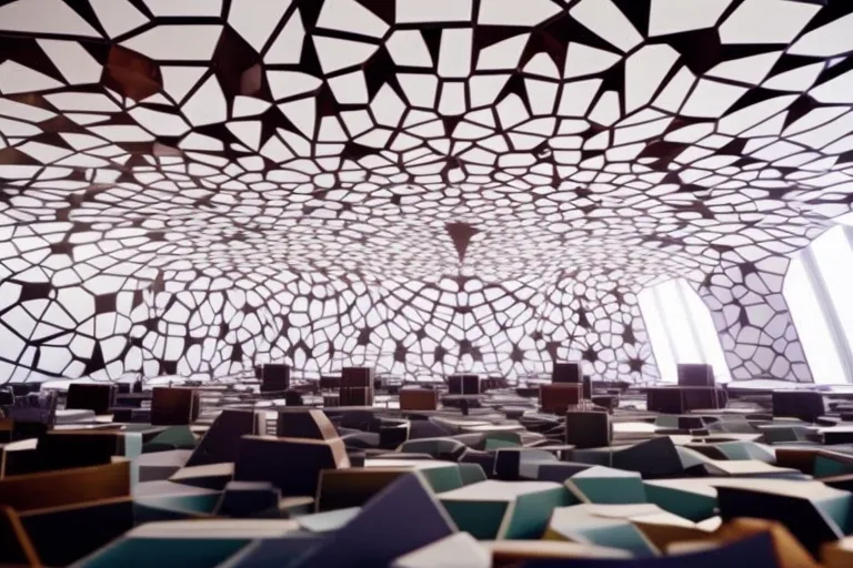 A vibrant, colorful art installation featuring geometric shapes and patterns in a spacious, white room with natural light streaming in from large windows.