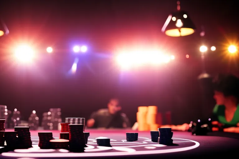 A dimly lit room with colorful neon lights reflecting off a round table. Poker chips and cards are scattered across the table. A shadowy figure in the background adds a mysterious vibe.