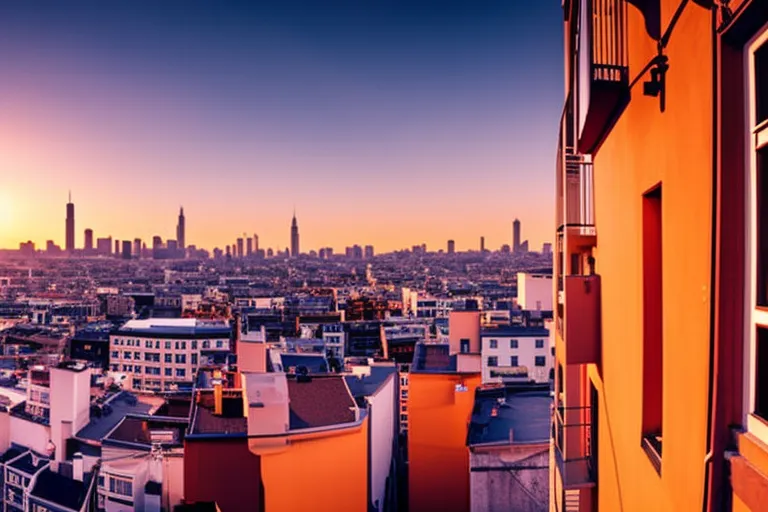 A sweeping view of a colorful, sprawling cityscape. The buildings are a mix of old and new, with winding streets and narrow alleys leading to hidden pockets of charm. The sky is a gradient of warm oranges and pinks, signaling the approaching sunset.
