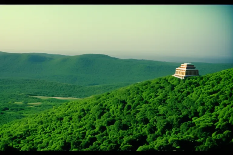 A serene landscape of rolling hills, with a majestic building perched atop a hill in the distance, surrounded by lush greenery.